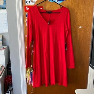 Red Long-Sleeve V-neck Dress